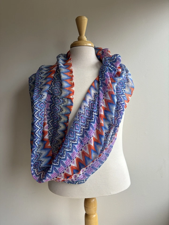 Vtg Infinity Scarf Bold Multi Col Geo Print Sheer Chiffon Retro Artsy 70s Boho - Image 2 of 4