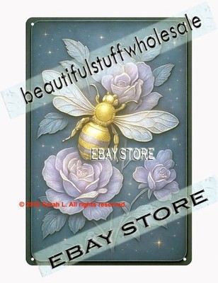 Bee Rose Metal Sign Raised Look Floral Decor indoor wall art