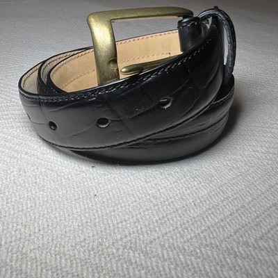 Bosca Essentials Mens Black Italian Leather Croc Embossed Belt Brass Buckle 36