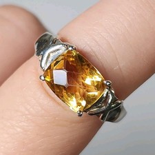 925 Sterling Silver Cushion-Cut Citrine Gemstone Ring Size 8 Statement Jewelry