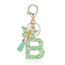 Fashion Alphabet Initial Letter Keychain Tassel Green Butterfly Letter B