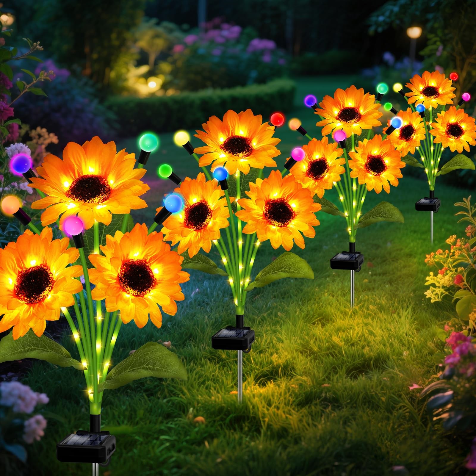 Solar Garden Lights-4 Pack Solar Sunflowers with Multicolor Changing Swaying ...