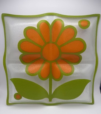 MCM Colony Glass Square Floral Serving Tray 4 Section 15  w/ORIGINAL BOX Retro