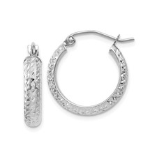14k White Gold Diamond-Cut Textured Hoop Earrings Hinged Clasp Round Women 17 mm
