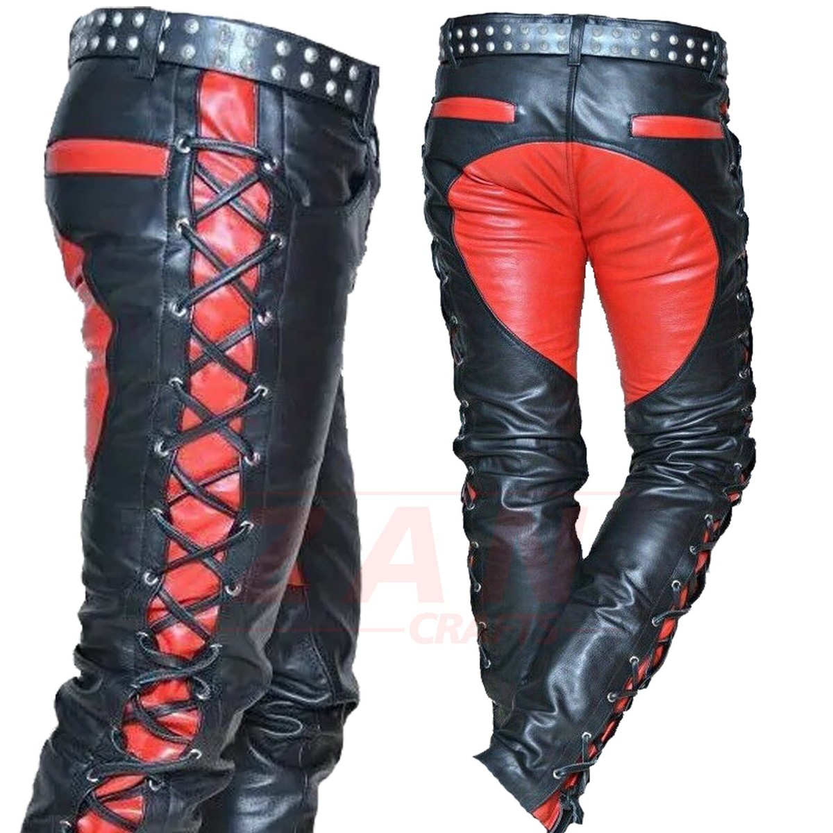 Laced Leather Pant Men Side, Fly Lace Up Red & Black Biker