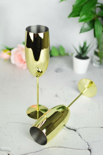 2 Bicchieri di Champagne 270ml Acciaio Inox Oro Calici Color Flute e Prosecco - Foto 3 di 4