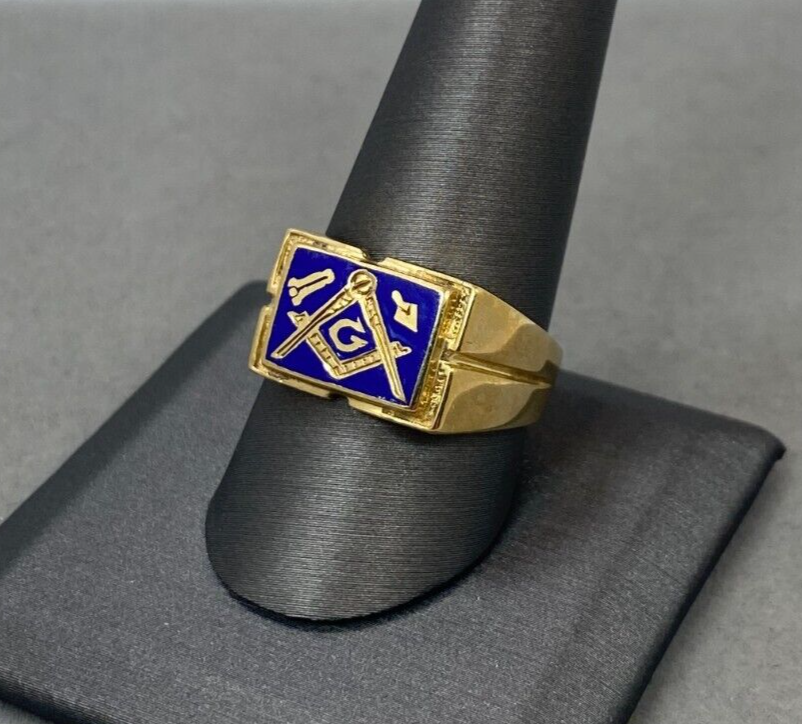 Vintage Mens Masonic Ring 10k Yellow Gold Blue Enamel Size