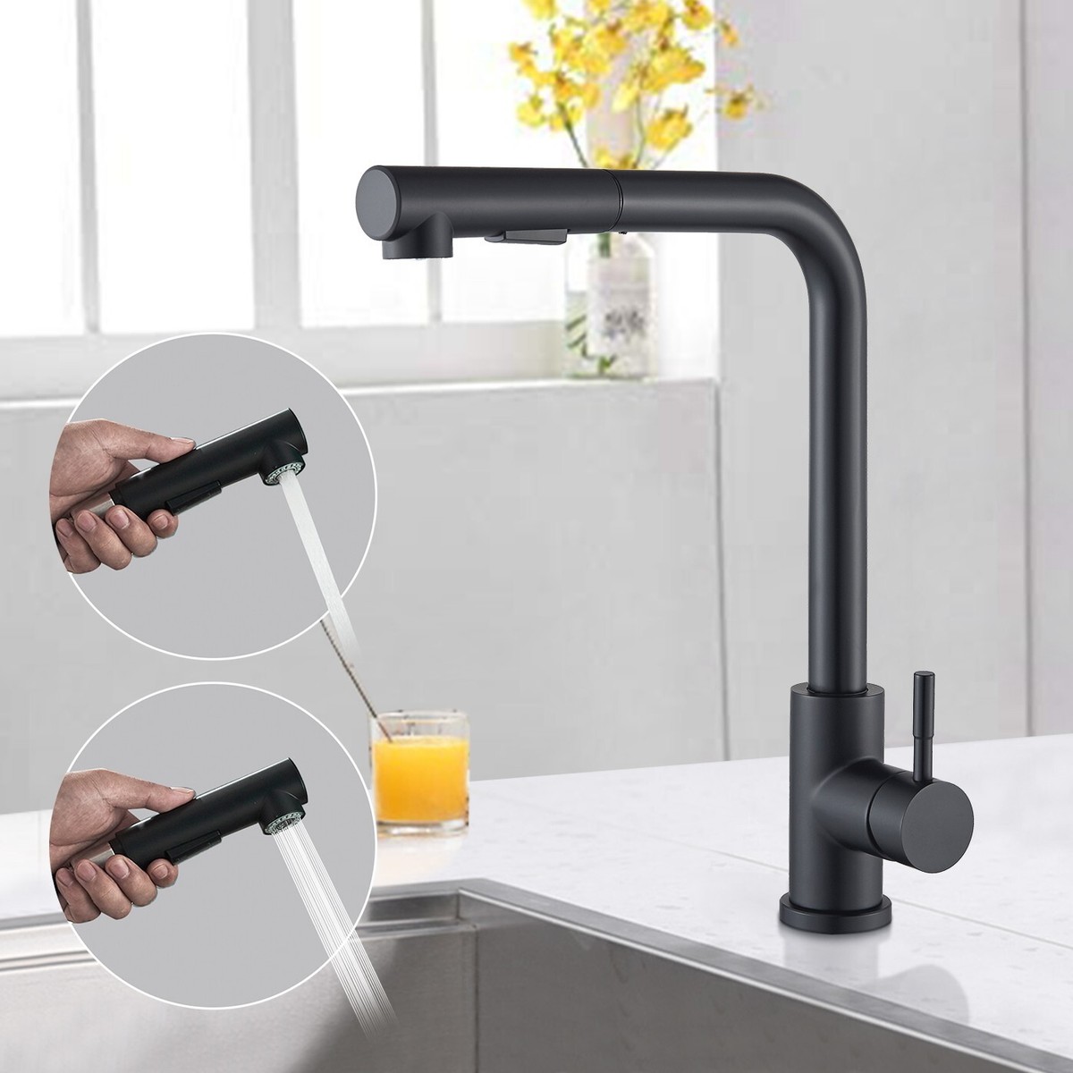Matte Black Kitchen Sink Faucet Pull Down Sprayer Single Holes 