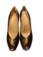Bruno Magli Vintage Black leather Peep Toe Cone heels pumps 80 s Bologna Italy