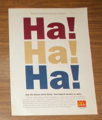 Seltene Werbung MCDONALD'S - Seit 25 Jahren keine Gäste - Ha! Ha! Ha! 1996