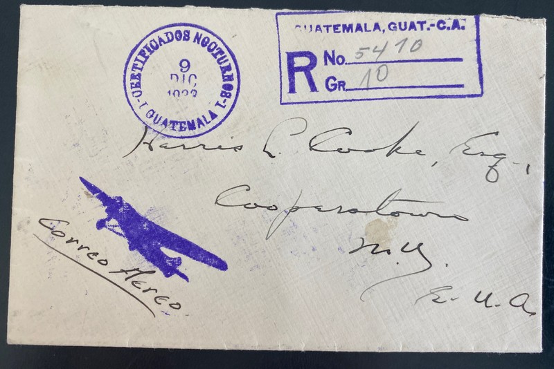 1923 Guatemala Night Flight Airmail Cover FFC To Cooperstown NY Usa USA