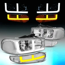 For 2001-2006 GMC Sierra Yukon Denali Switchback LED DRL Pair Headlights Chrome
