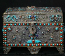 12.4" Old Tibet Buddhism Silver Wire Inlay Turquoise Buddha treasure box Chest