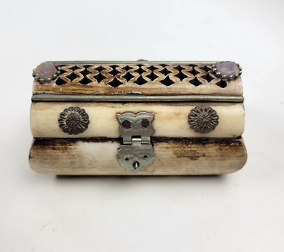 Vintage Camel Bone Trinket Jewelry Box With Brass & Stone Accents Handmade 4''