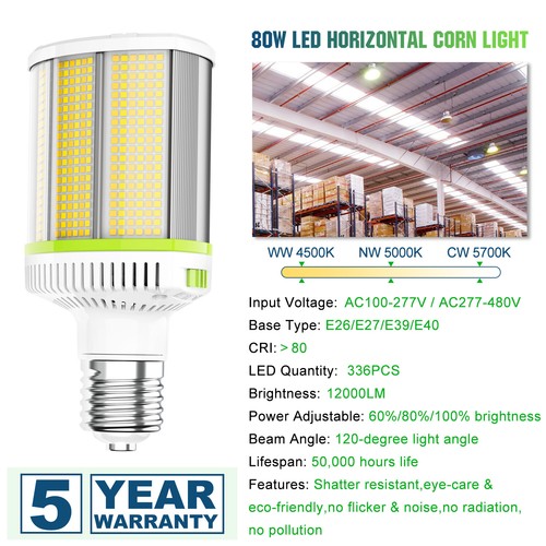 LED Corn Light Bulb Adjustable 277-480VAC 80W/64W/48W E39 Base 5700/5000/4500K - Picture 11 of 14