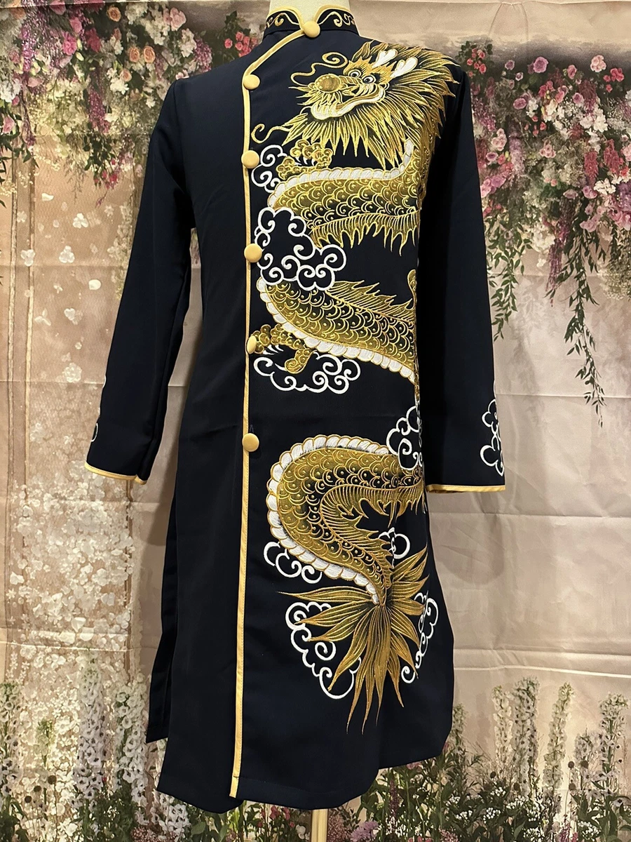 Black Ao Dai for men, Hand Painted Vietnamese Traditional Long Dress for  Men PR2