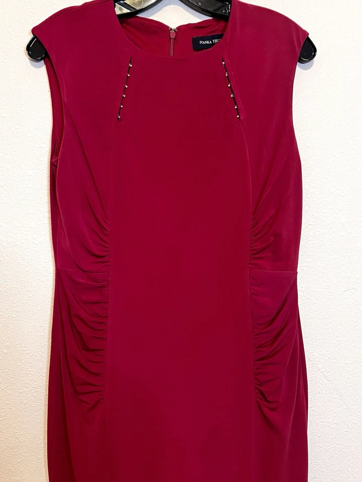 Ivanka Trump Bodycon Cranberry Red Ruched Dress With Hold Details.  Size SP - Image 2 of 4