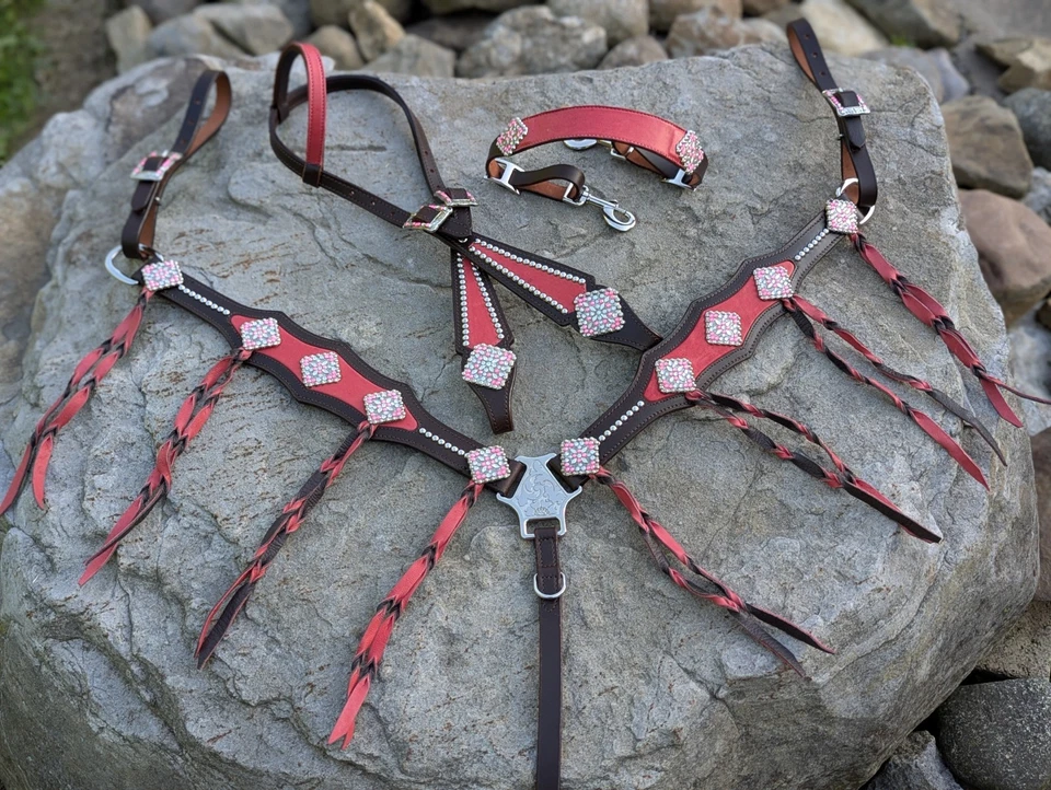 3pc Pink Rhinestone Tack Set Western Breast Collar & Headstall . New Horse Tack - Image 1 of 4