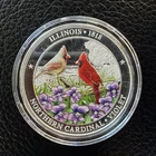 1 troy oz .999 Fine Silver Illinois￼ 1818 State Bird Flower & Flag Colored Coin