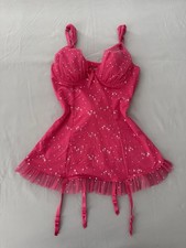 Victoria  s Secret Slip Dress Fairycore Bling Lace Bow 34B Y2K Coquette Garters