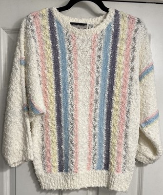 Vintage Bramble Sweater Rainbow Stripes Cottagecore Grandma Sz Med Chenille