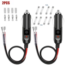 2PCS DC 12V/15A Fused Car Cigarette LED Lighter Adapter Power Male Plug W/ Leads