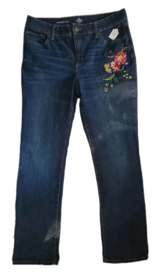 Calça jeans feminina St John's Bay azul 12 flores bordadas perna reta - Imagem 3 de 4