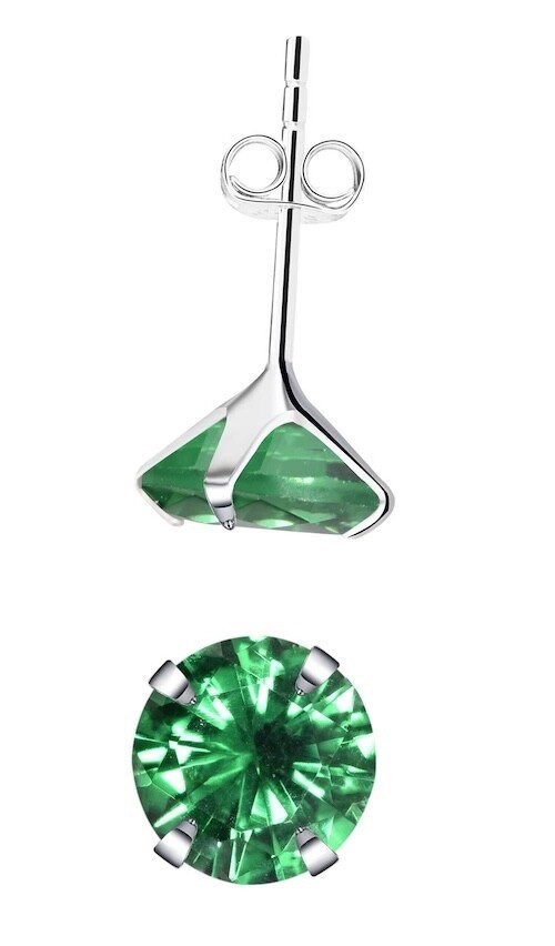 925 Silver Emerald 7mm CZ Round Birthstone Earrings for May