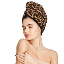 Leopard Hair Towel Wrap Microfiber Fast Drying Hair Turban with Buttons