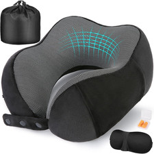 Memory Foam Travel Neck Pillow Set w/ Eye Mask, Earplugs, Bag   Airplane Use