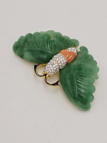 Signed KENNETH JAY LANE Vtg Large Butterfly Green Faux Jade Lucite Clear Crystal