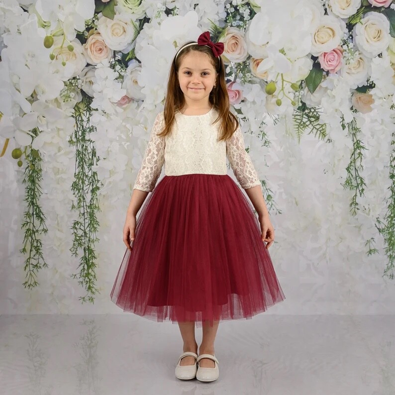 long sleeves lace burgundy formal dress for kids