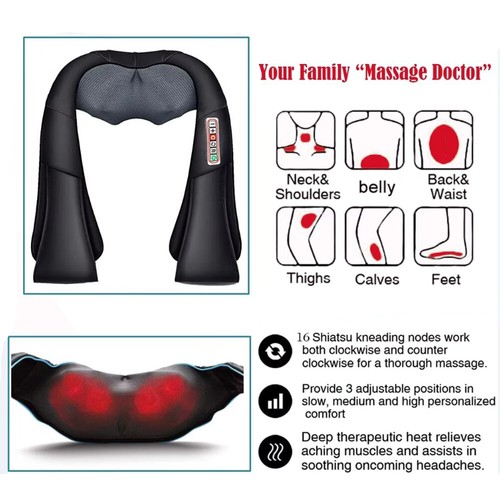 Electric Shiatsu Back Neck Shoulder Massager with Heat Kneading Body Car Home UK - Picture 4 of 18