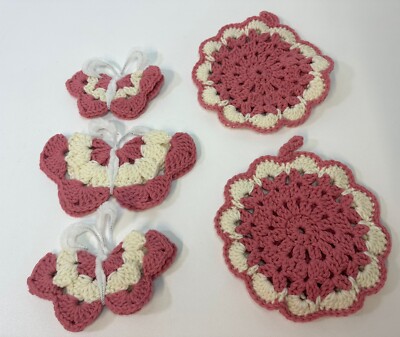 VTG Lot 5 Crochet Doily Doilies Butterfly Magnets Pink Cottage Core Handmade