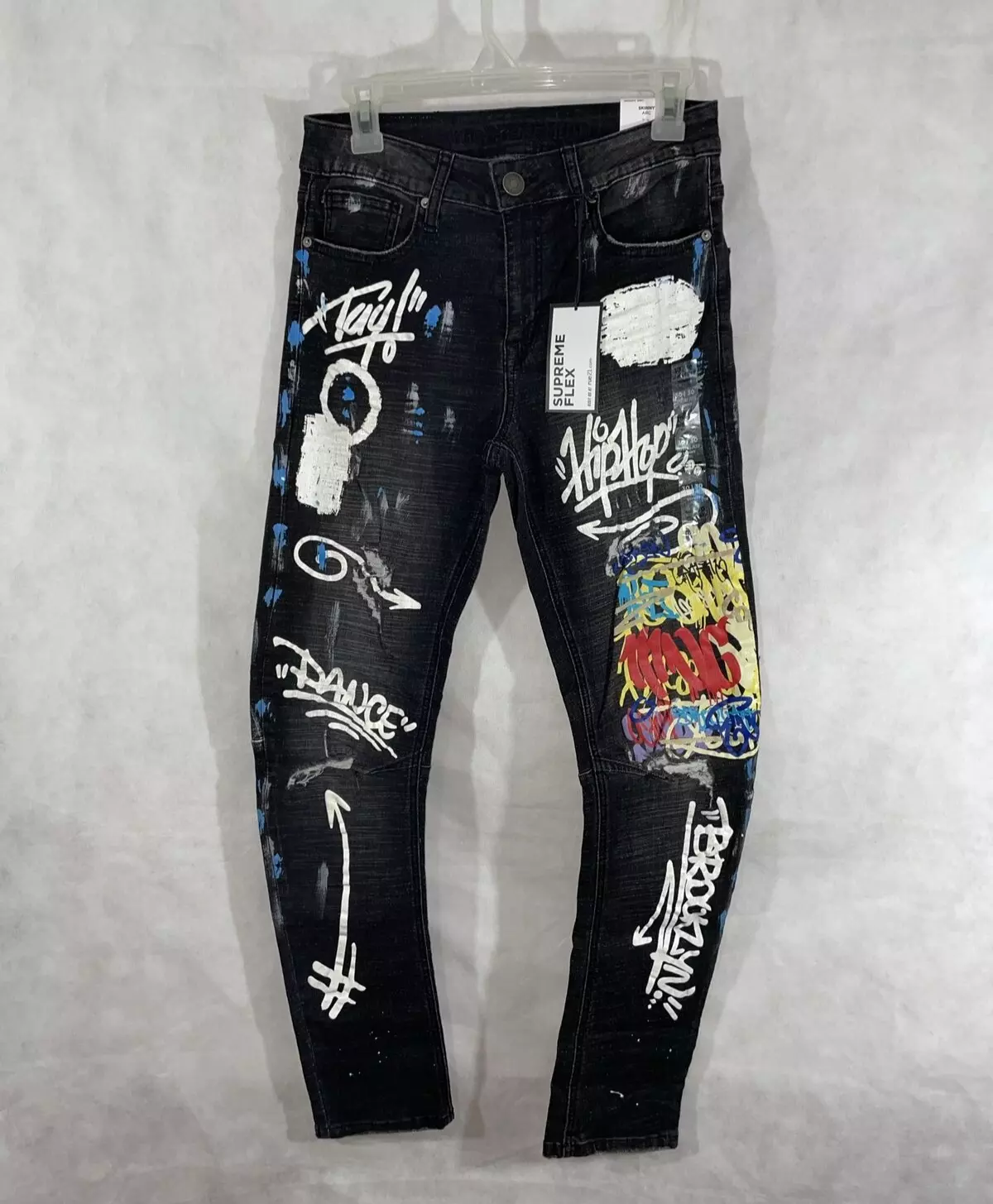 Jean Rue 21 Supreme Flex Skinny Arc taille 34 X 32 peinture graffiti noir