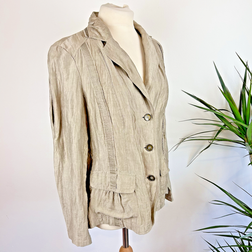 Bonita Jacket UK 16 44 Brown Khaki Flax Linen Adjustable Waist Slouch Pockets - Picture 2 of 17