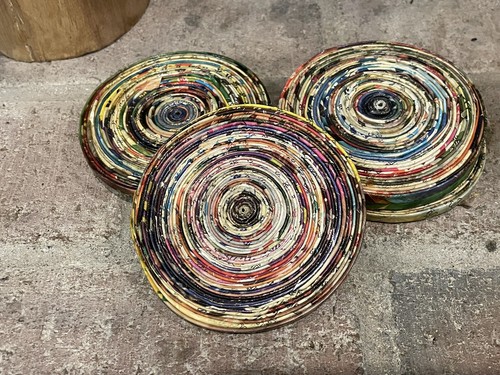 Handcrafted Recycled Coiled Paper Eco Friendly Set Of 6 Folk Art Coasters - Picture 7 of 9