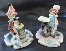VINTAGE CLAY FIGURES ZAMPIVA of  ITALY CLOWN MINIATURES PLAYING DRUMS & TUBER