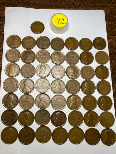 1909(P) LINCOLN WHEAT CENT PENNY ROLL, 50 coins, "FINE" condition