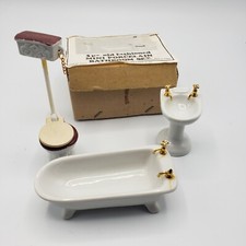 Vintage Doll House 3 Pc Old Fashioned Mini Porcelain Bathroom Set, 1976