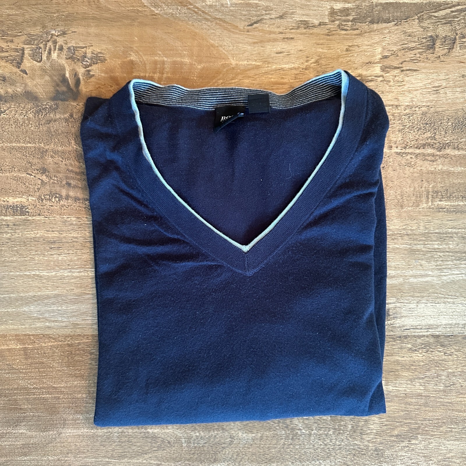 Hugo Boss Sweater XL Navy Blue Cotton Wool V-Neck Pullover Slim Fit Men's