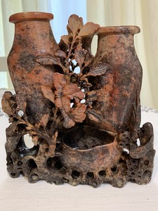 Antique Chinese Hand Carved Soapstone Vases With Flowers And Birds Rare