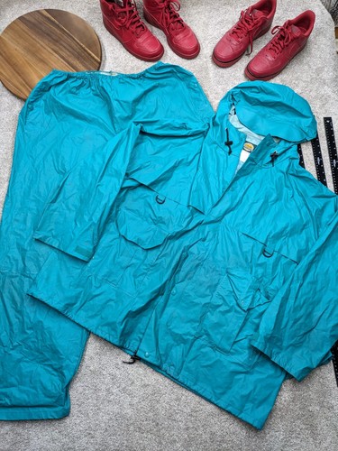 Cabelas Rain Suit Mens XXXL Hooded Vintage Hiking Fishing Hunting PVC Teal 3XL - Picture 1 of 21