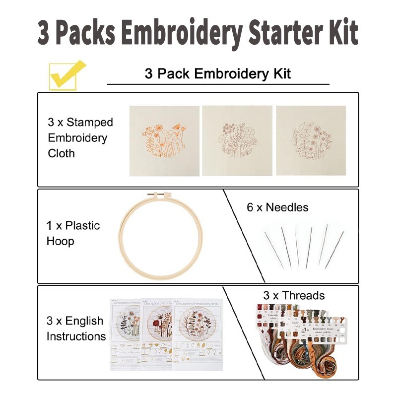 3 Sets DIY Embroidery Kit Cross Stitch Kits for Beginners Hand Stitch