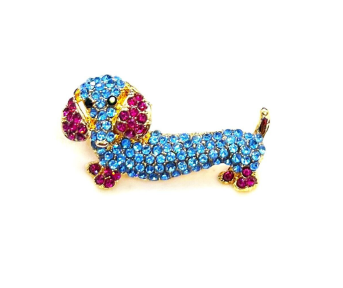 Blue DACHSHUND Dog with Purple Ears Rhinestones Pin Brooch & PENDANT - Picture 1 of 1