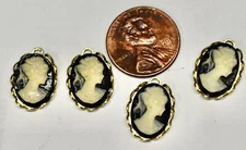VINTAGE 4 SMALL CAMEO CHARMS PENDANT BEAD BEADS BLACK & WHITE RESIN • 10x14mm