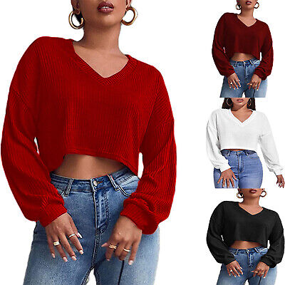 Ladies Loose Long Sleeve Crop Top Casual V neck Ribbed T-shirts