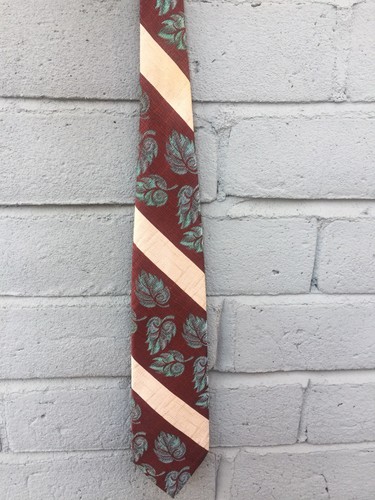 Lilly Dache Tie Copper/Red Creme Striped with Turquoise Leaves L56" W4-1/8" - Picture 3 of 5