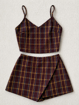 Popular Basics Women s Small Plaid Crop Top Shorts 2 Piece Set Burgundy NWOT