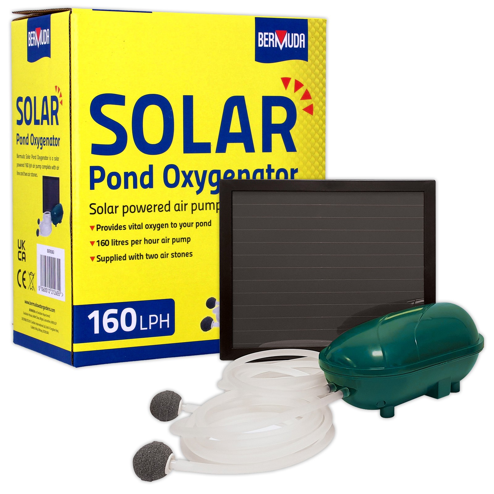 Bermuda Solar Air Pump Pond Oxygenator 160 Lph (inc 2 Airstones) Fish Koi Garden